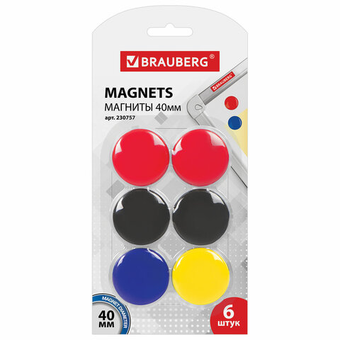 Магниты BRAUBERG диам. 40 мм, 6 шт., цв. покрытие
