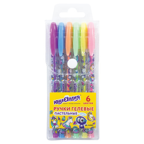 Ручки гелевые ЮНЛАНДИЯ, НАБОР 6 шт., АССОРТИ ПАСТЕЛЬ, корпус с печатью, 0,7мм, линия 0,5мм