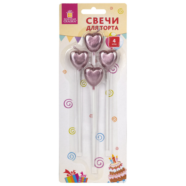 Набор свечей для торта "Сердца на длинных пиках", 4 шт., 2,5 см, ЗОЛОТАЯ СКАЗКА, в блистере, 591454