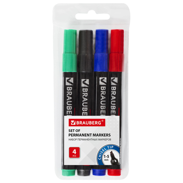 Набор маркеров перм. (нестир.) BRAUBERG "Contract", скош. нак. 1-5мм, 4шт. (чер,син,крас,зел),150473