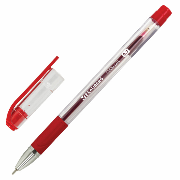 Ручка шариковая масляная BRAUBERG "Max-oil" , c грипом, корпус прозрачный, 0,7 мм, красная, 142143