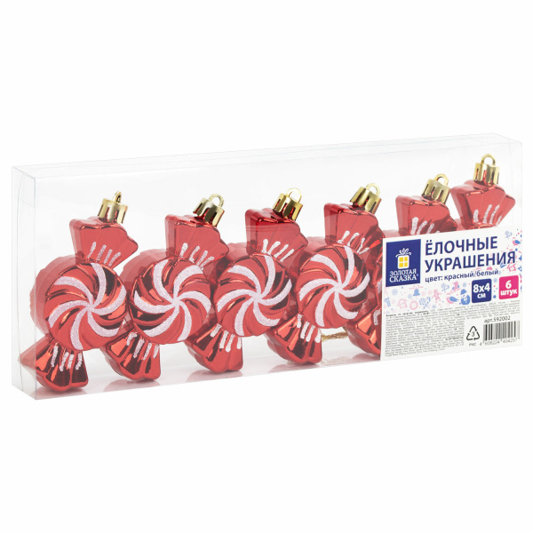 Украшение ёлочное "Конфетки", 6 шт, 8х4 см, пластик, цвет: красный/белый, ЗОЛОТАЯ СКАЗКА, 592002