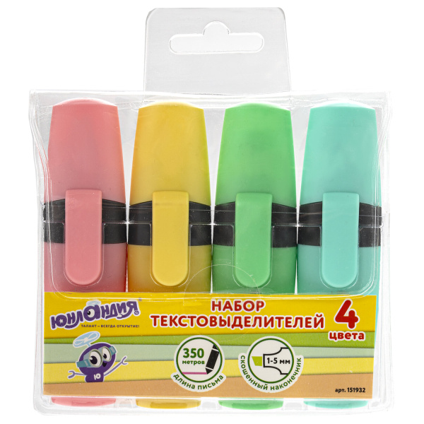 Набор текстовыделителей ЮНЛАНДИЯ 4 шт., "КЛАССИКА ПАСТЕЛЬ", линия 1-5 мм, 151932