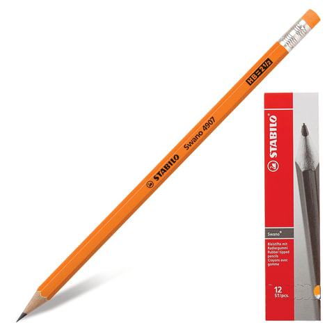 Карандаш ч/гр STABILO "Swano", HB, корпус неон.оранжевый, с ластиком, заточ., 4907/030HB