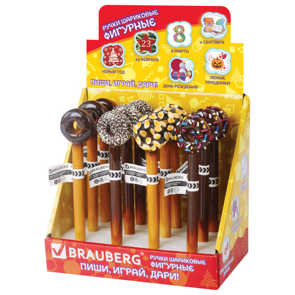 Ручка фигурная "ПОНЧИКИ", СИНЯЯ, 4 дизайна ассорти, 0,5мм, дисплей, BRAUBERG, 142759