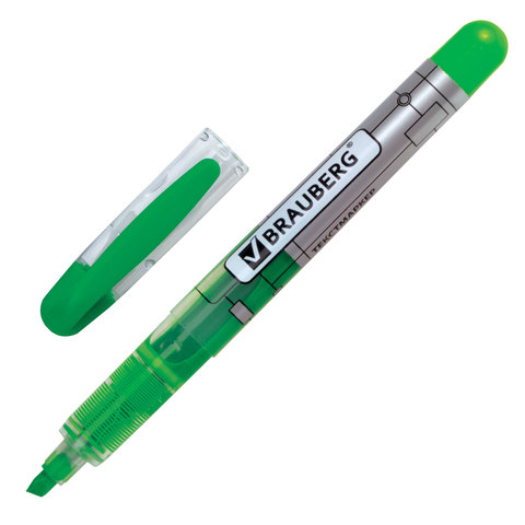 Текстмаркер BRAUBERG "Fluo Color", жидкие чернила, круглый корпус, скошенный наконечник 1-3 мм, зеле