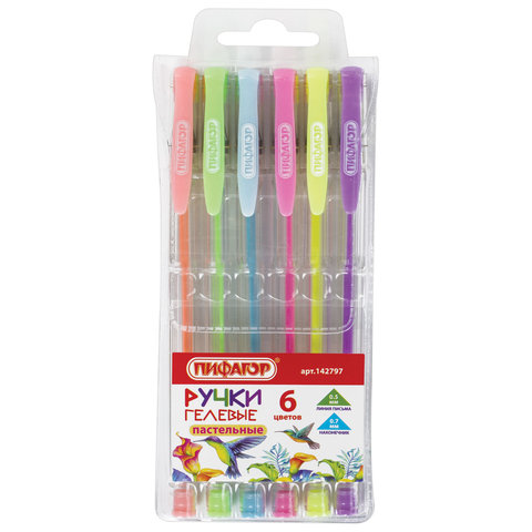 Ручки гелевые ПИФАГОР, НАБОР 6 шт., АССОРТИ ПАСТЕЛЬ, корпус прозрачный, узел 0,7 мм, линия письма