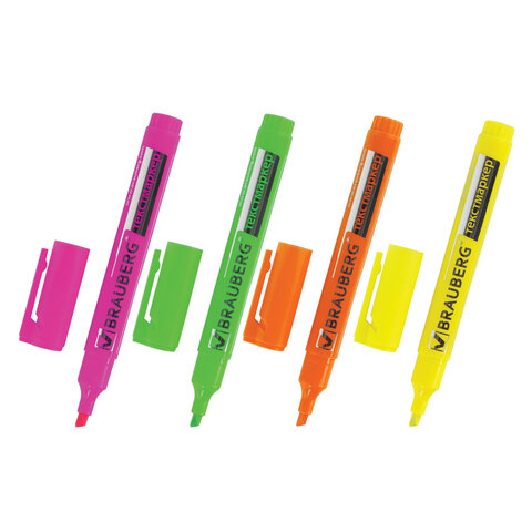 Текстмаркеры BRAUBERG, НАБОР 4шт., "Energy", скошенный наконеч. 1-5мм, (лим, зел, роз, оранж),150486