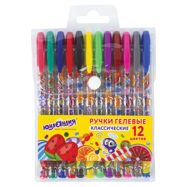 Ручки гелевые ЮНЛАНДИЯ, НАБОР 12 шт., АССОРТИ, корпус с печатью, узел 0,5 мм, линия письма 0,35 мм, 