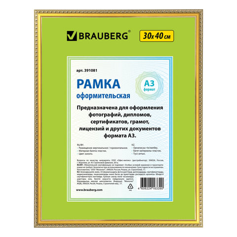 Рамка 30х40см пластик, багет 16 мм, BRAUBERG "HIT5", золото, стекло