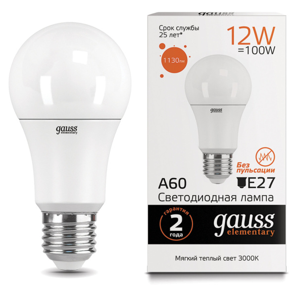 Лампа светодиодная LED 12 Вт 1130 Лм 3000К E27 А60 (груша) теплая Elementary Gauss