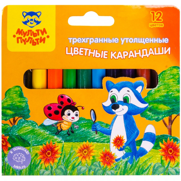 Карандаши цветные Мульти-Пульти "Енот на лугу", 12цв., утолщ., трехгран., укорочен., заточен.,картон