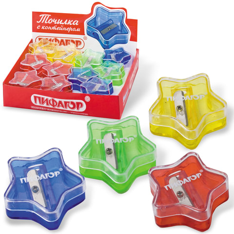 Точилка ПИФАГОР "Звёздочка", с контейнером, в дисплее, ассорти, 222499