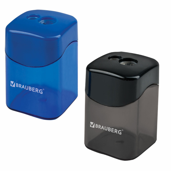Точилка BRAUBERG "Flagman" с контейнером, прямоугольная, 2 отверстия, в дисп, цв.чёрн, син, 222495