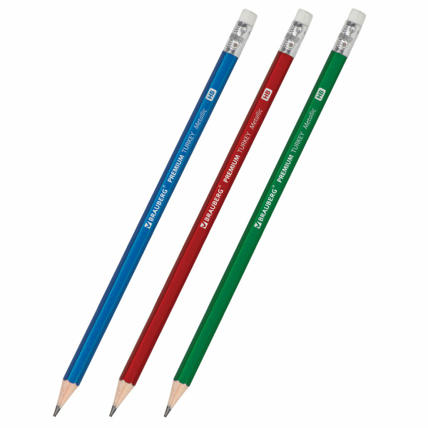 Карандаш чернографитный BRAUBERG PREMIUM TURKEY, 1 шт, "Metallic", НВ, ассорти, дисплей, 181558