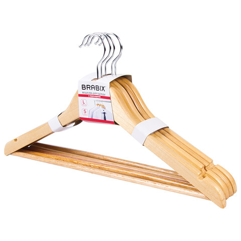 Вешалки-плечики р. 48-50 BRABIX "Стандарт", комплект 5шт, дерево, перекладина, цвет натуральный