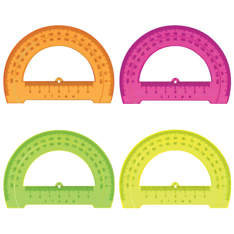 Транспортир СТАММ "Neon Cristal", 12см, 180 градусов, тонированный, неон. ассорти, ТР31