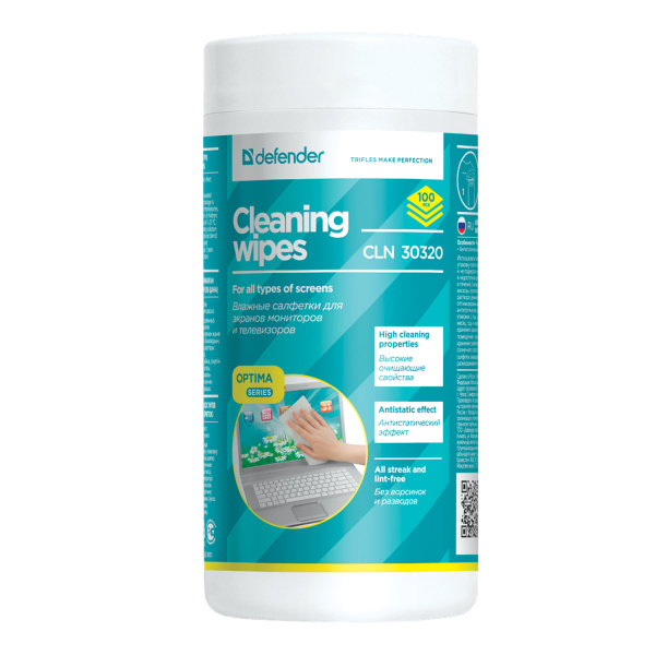 Чистящие салфетки DEFENDER CLN30320, для мониторов всех типов, в тубе, 100 шт, 30320