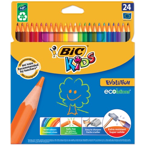 Карандаши цветные BIC "Kids ECOlutions Evolution" 24 цв, пластиковые, заточ., картон. упак., 937515
