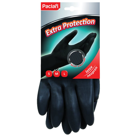 Перчатки хоз. неопреновые, ХБ напыление, M (средний), черные, PACLAN "Extra Protection", 407740