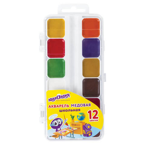 Краски акварельные ЮНЛАНДИЯ "ШКОЛЬНЫЕ", 12 цветов, медовые, без кисти, пластиковая коробка