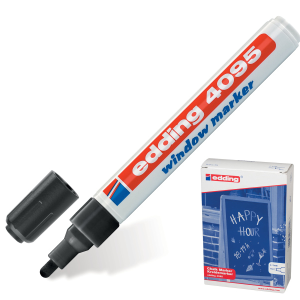 Маркер для окон и стекла EDDING 2-3мм, круглый наконечник, смываемый, на мел. основе, черн, Е-4095/1