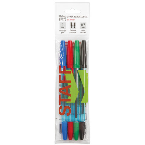 Ручки шариковые STAFF "Office", НАБОР 4 шт., (синяя, черная, красная, зеленая), узел 1 мм, линия пис