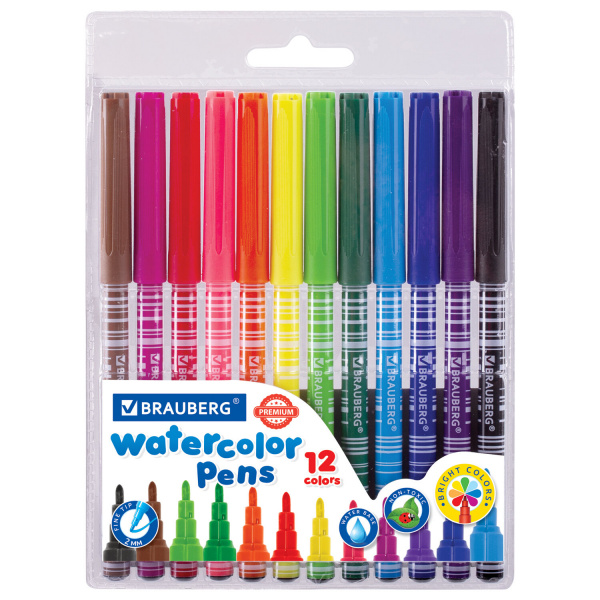 Фломастеры BRAUBERG "PREMIUM", 12 цветов, КОРПУС С ПЕЧАТЬЮ, вентилируемый колпачок, ПВХ-упаковка