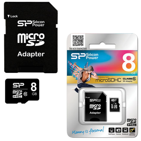 Карта памяти micro SDHC 8GB SILICON POWER скорость передачи данных 10 Мб/сек (class10) с адаптером