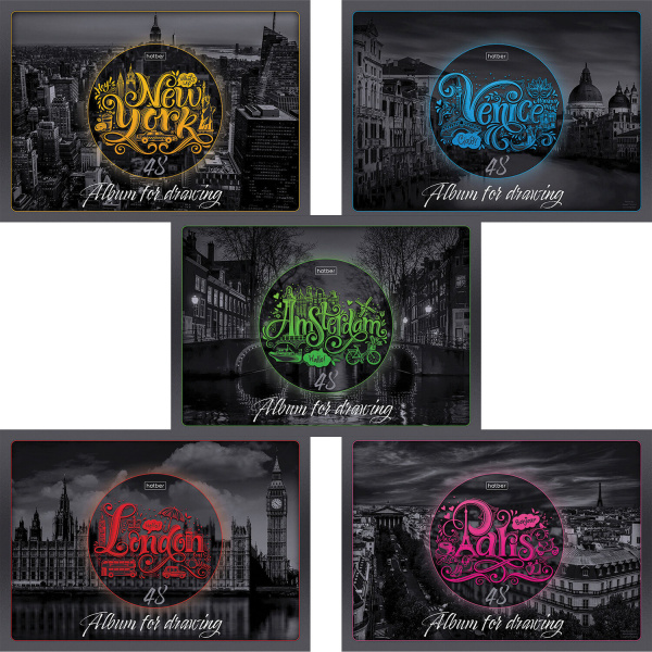Альбом для рисования А4 48л., скоба, выборочный лак, HATBER, 205х290мм, Города мира, 48А4вмВ