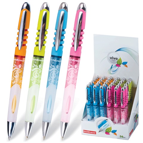 Ручка шариковая ERICH KRAUSE автомат. "Vivo", корп.цветной, толщ.письма 0,7мм, в дисплее,28249,синяя