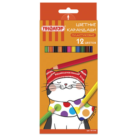 Карандаши цветные ПИФАГОР "КОТИК", 12 цветов, пластиковые, классические заточенные, 181340 