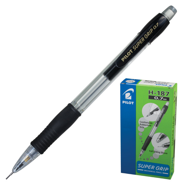 Карандаш механический PILOT H-187 "Super Grip", корпус черный, с резиновым упором, 0,7 мм, ластик, Н