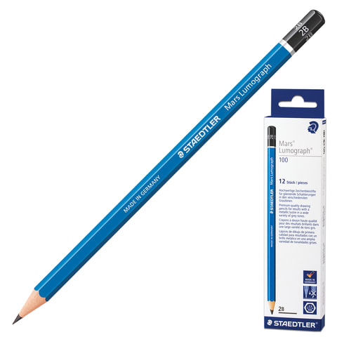 Карандаш чернографитный STAEDTLER ПРЕМИУМ (Германия), 1 шт., "Mars Lumograph", 2B, грифель 2 мм, без