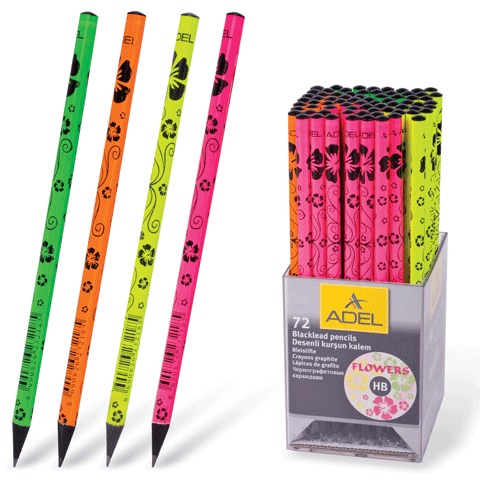Каранд. ч/г  ADEL "Blackline/Flowers" без ласт, HB, черн. дерево, цв.корп. ассорти, 232185