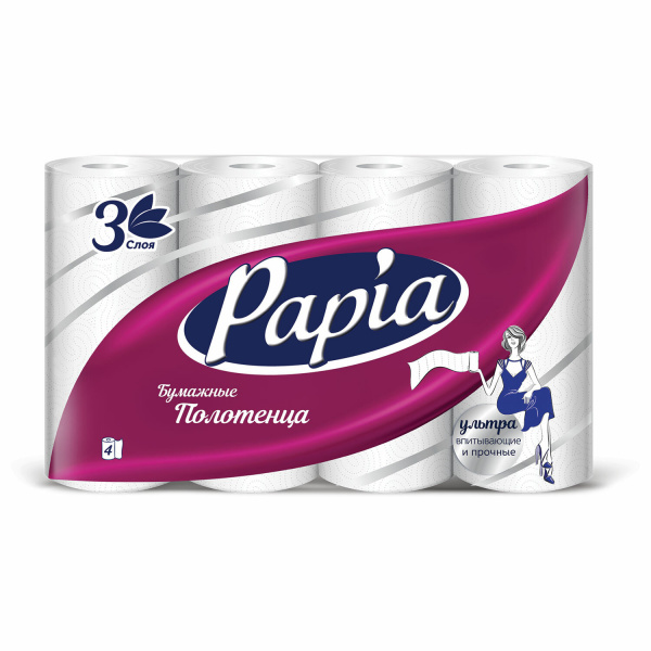Полотенца бумажные бытовые, 3-слойные (4х11,2м), спака 4 шт. PAPIA, 23x13 см, белые
