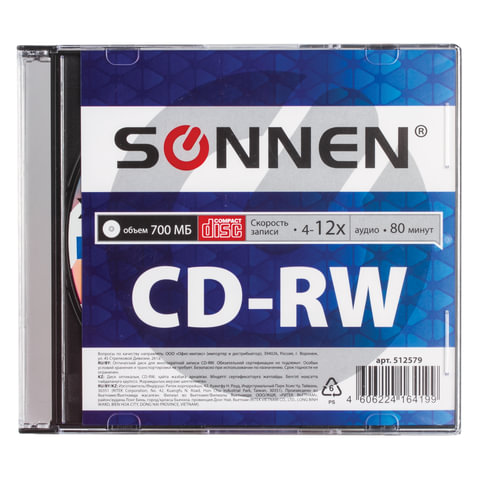 Диск CD-RW SONNEN, 700 Mb, 4-12x, Slim Case (1 штука), 512579 Диск CD-RW SONNEN, 700 Mb, 4-12x, Slim Case (1 штука), 512579