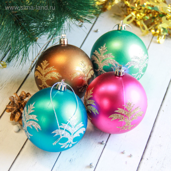 Набор шаров пластик d-8 см (набор 4 шт) вензеля 2122457