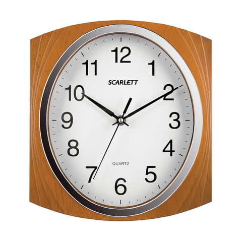 Часы настен. SCARLETT SC-55RB квадрат, белые, корич.рамка, плавный ход 27.3х24.9х4.3 см