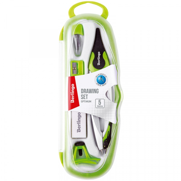 Готовальня Berlingo "Optimum", 5 предметов, циркуль 135мм, пластиковый футляр, зеленый DS_00505b