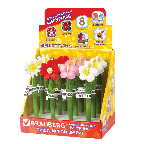 Ручка фигурная "ЦВЕТОЧКИ", СИНЯЯ, 4 дизайна ассорти, 0,5мм, дисплей,  BRAUBERG, 142775