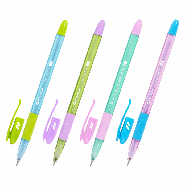 Ручка шариковая масляная с грипом BRAUBERG GLASSY PASTEL MIX, СИНЯЯ, корпус ассорти, линия 0,35 мм