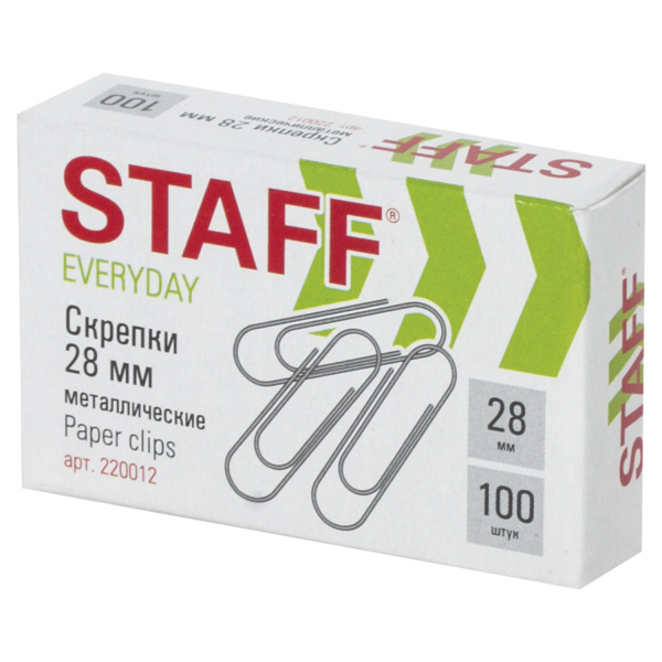 Скрепки STAFF 28 мм, металлические, 100 шт., в картонной коробке, Россия, EVERYDAY