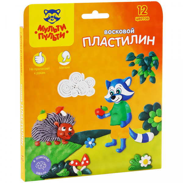 Пластилин Мульти-Пульти "Енот в лесу", 12 цветов, 180г, восковой, со стеком, картон, европодвес
