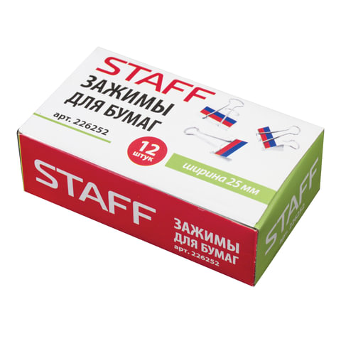 Зажимы для бумаг 25мм STAFF, 12 шт., на 100 л., "Триколор", в картонной коробке