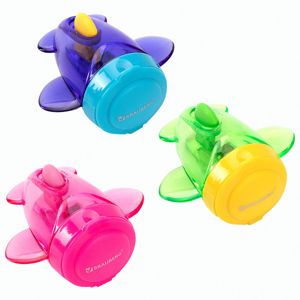 Точилка BRAUBERG "Jet", пластиковая с контейнером, ассорти, самолетик, в картонном дисплее, 223591 