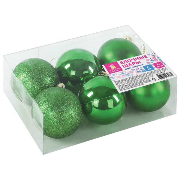 Шары ёлочные 6шт, 6см, "Trio", пластик, ЗЕЛЕНЫЕ (глянец, матовый, глиттер), ЗОЛОТАЯ СКАЗКА, 591127