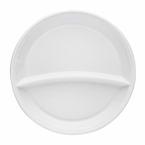 Одноразовые тарелки 2-х секционные КОМПЛЕКТ 100 шт. 210 мм, белые, ПС, холодное/горячее, LAIMA БЮДЖЕ