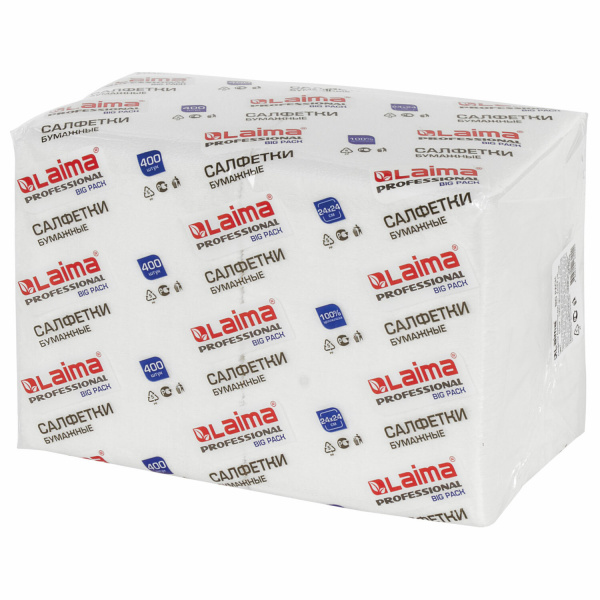 Салфетки бумажные 400шт. 24х24см, LAIMA, "Big Pack", белые, 100% целлюлоза