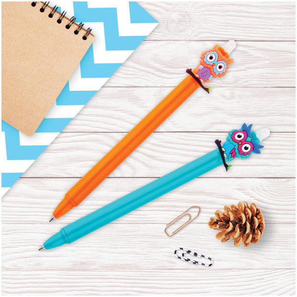 Ручка гелевая стираемая автоматическая MESHU "Owls" синяя, 0,5мм, корпус ассорти, с топперром 296394